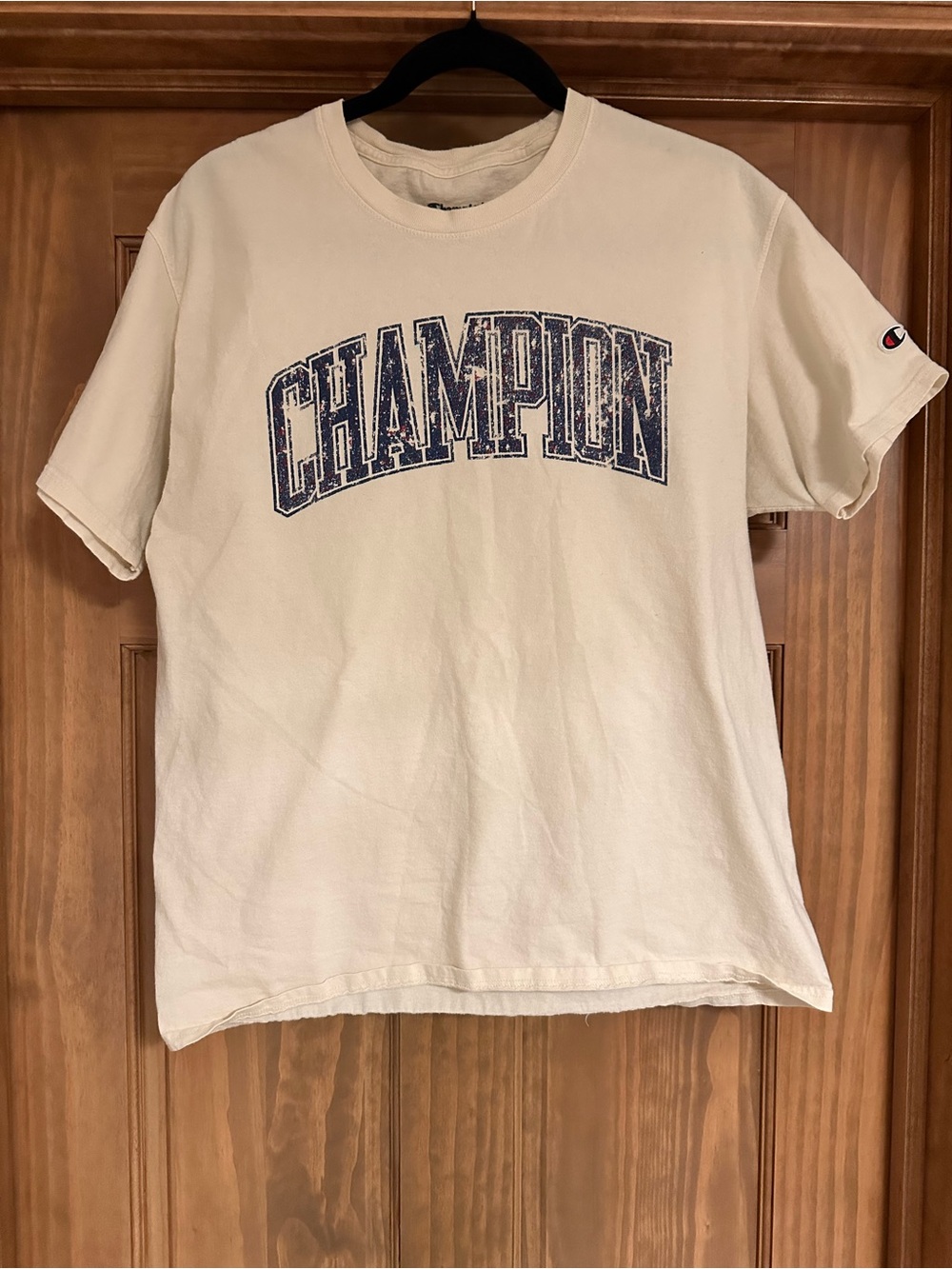 Champion Cream Short Sleeve Tee with Distressed Navy Logo
